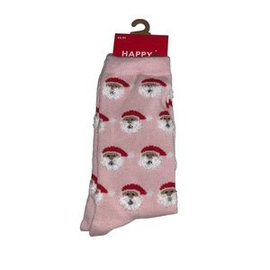 5for20 NWT Happy holiday novelty pink Santa clause Christmas crew socks